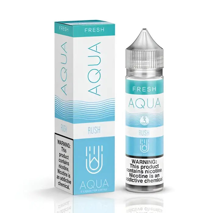 E-liquid bottle and packaging for a vaping product called ’Aqua Fresh Rush’.