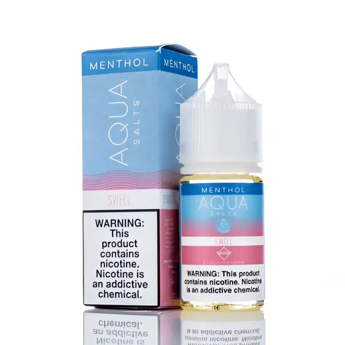 E-liquid bottle and packaging for a menthol-flavored vaping product called Aqua Salts.