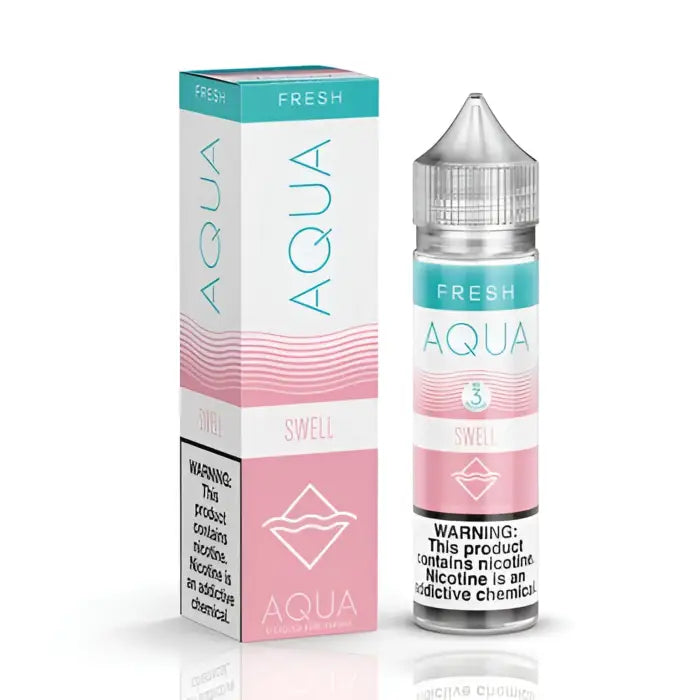 E-liquid bottle and packaging for a vaping product called Aqua Fresh in pink and teal colors.