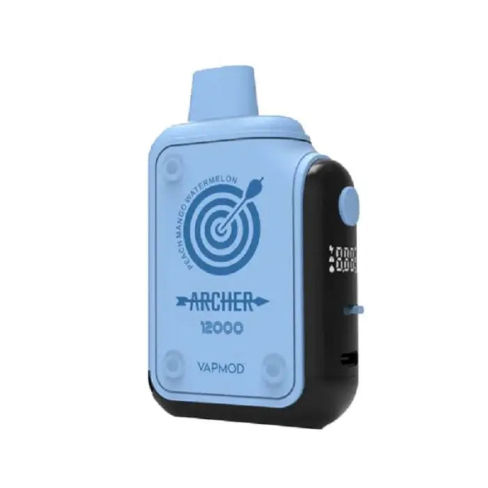 Light blue and black electronic vaping device with a target logo and ’ARCHER’ branding.