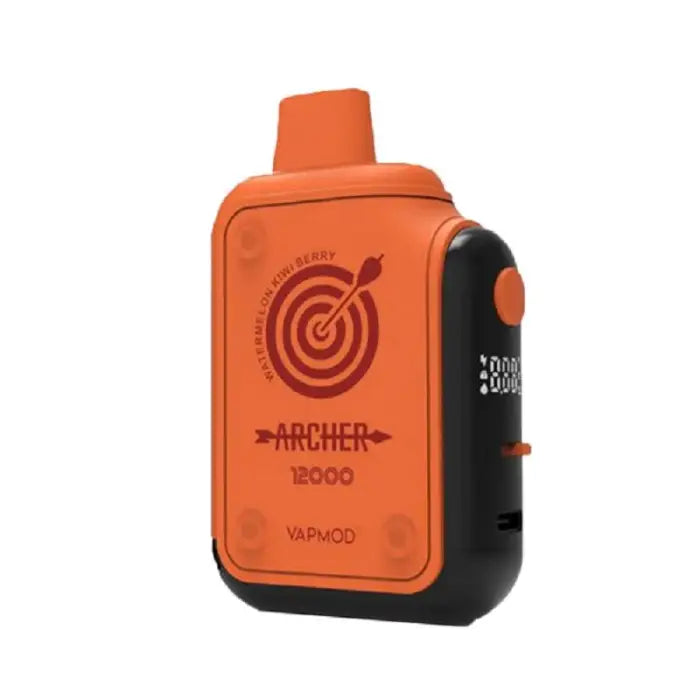 Orange and black electronic vaping device with an ’Archer’ logo and target symbol.