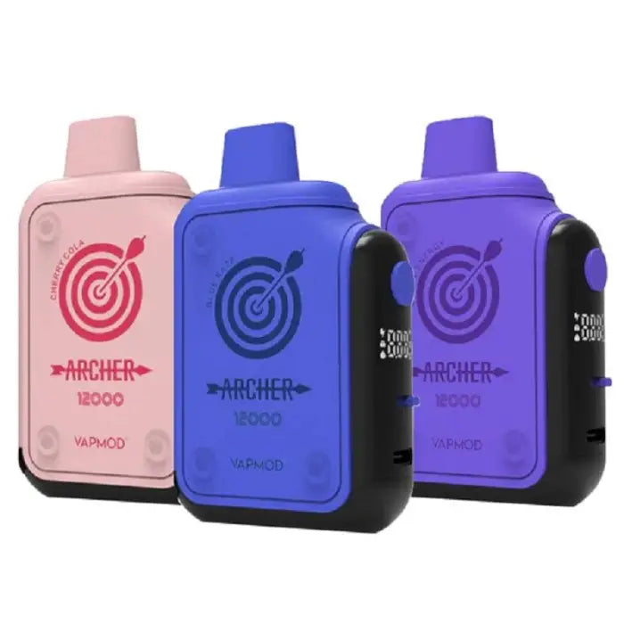 Three colorful vape devices with bullseye logos and ’Archer’ branding.