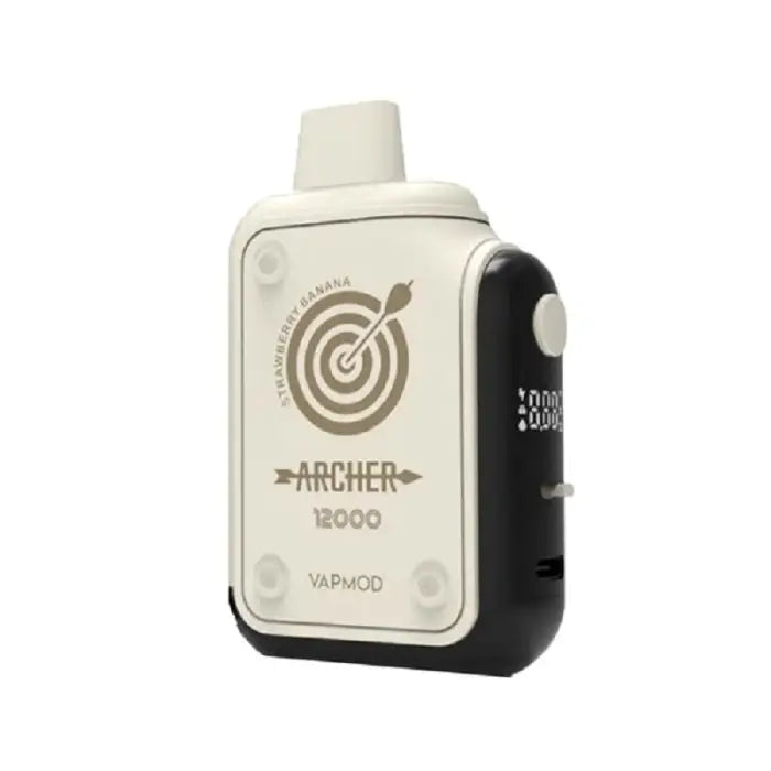 Vaping device with a white and black body featuring an ’Archer’ logo and target design.