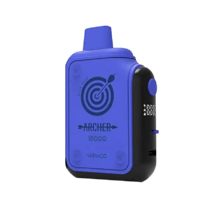 Blue and black electronic vaping device with a target logo and digital display.