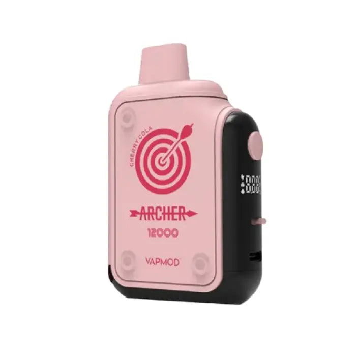 Pink and black electronic vaping device with an ’Archer’ logo and target symbol.