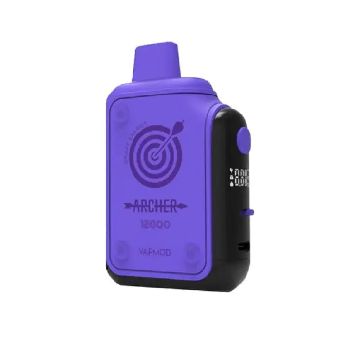 Purple and black electronic device with a target icon and digital display.