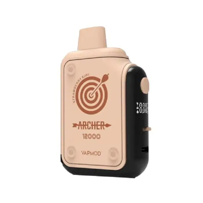 Vape device with an ’Archer’ logo and target design on its beige-colored side panel.