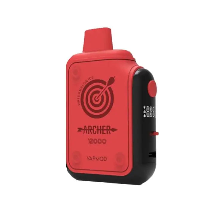 Red and black electronic vaping device with a bullseye target logo.