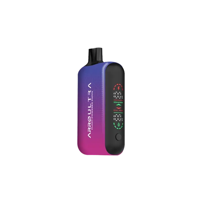 Gradient purple and pink electronic vaping device with a digital display.