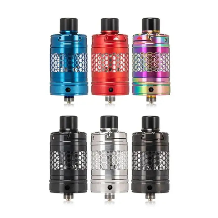 Colorful vaping tanks or atomizers in various metallic finishes.