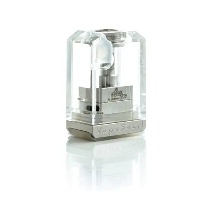 Clear plastic cube containing a metal vaping device or e-cigarette component.