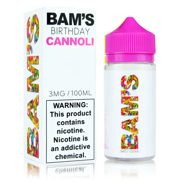 E-liquid bottle with bright pink cap labeled ’Bam’s Birthday Cannoli’ and a nicotine warning.