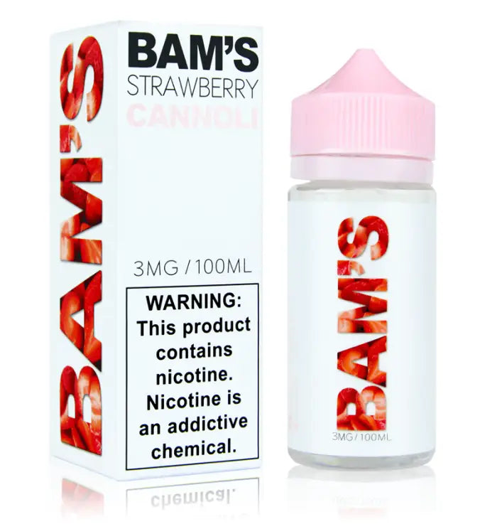 Bottle of strawberry-flavored e-liquid labeled ’BAM’S’ with a nicotine warning.