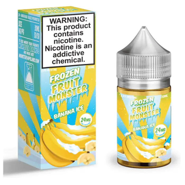 E-liquid bottle and packaging for ’Frozen Fruit Monster’ banana ice flavor vape juice containing nicotine.