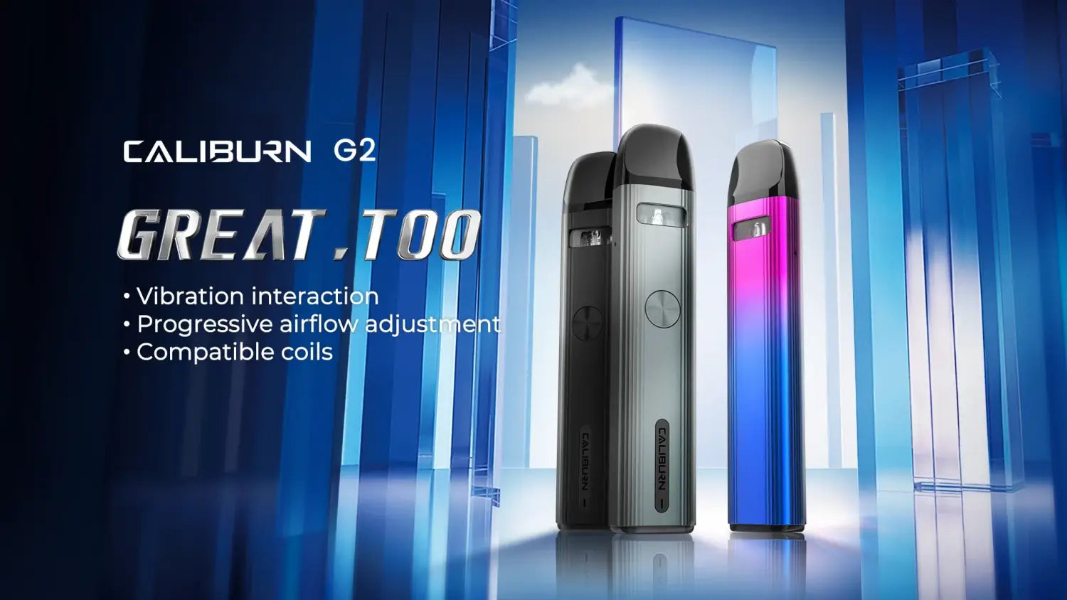 Sleek Uwell Caliburn G2 Pod Kit showcasing haptic feedback and Pro-Focs flavor options.