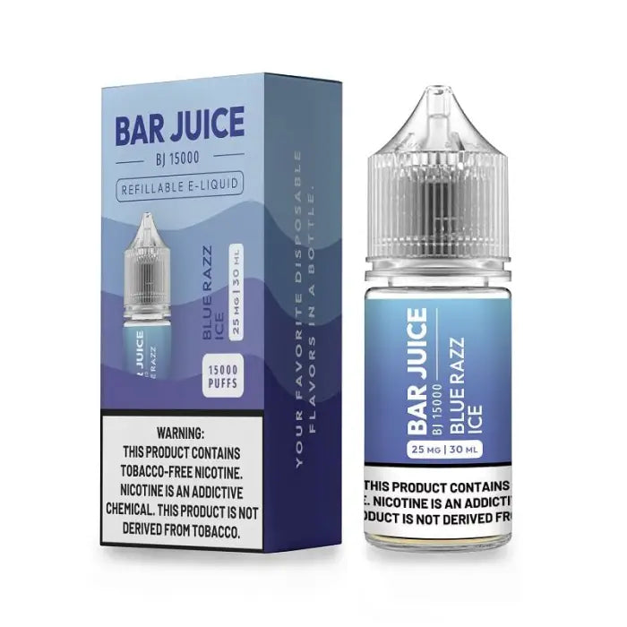 E-liquid bottle and packaging for ’Bar Juice’ vape juice in Blue Razz flavor.