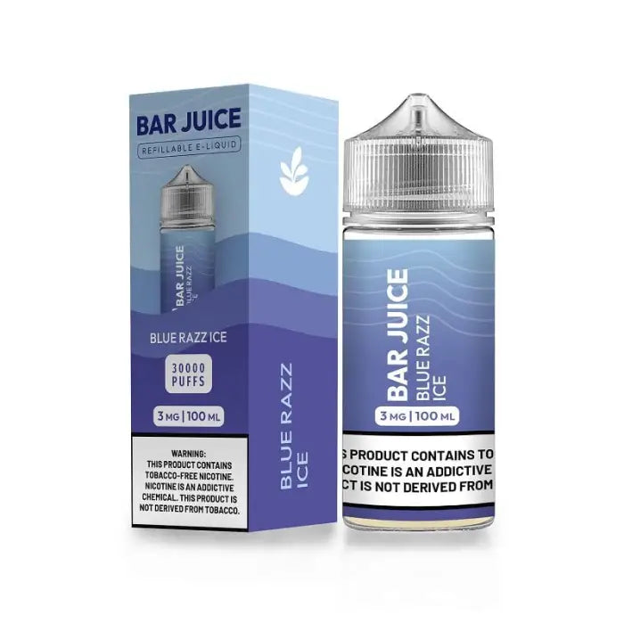 Bottle and packaging of ’Bar Juice’ e-liquid in blue razz ice flavor.