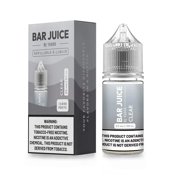 E-liquid bottle and packaging for ’Bar Juice’ vape juice in a clear flavor.