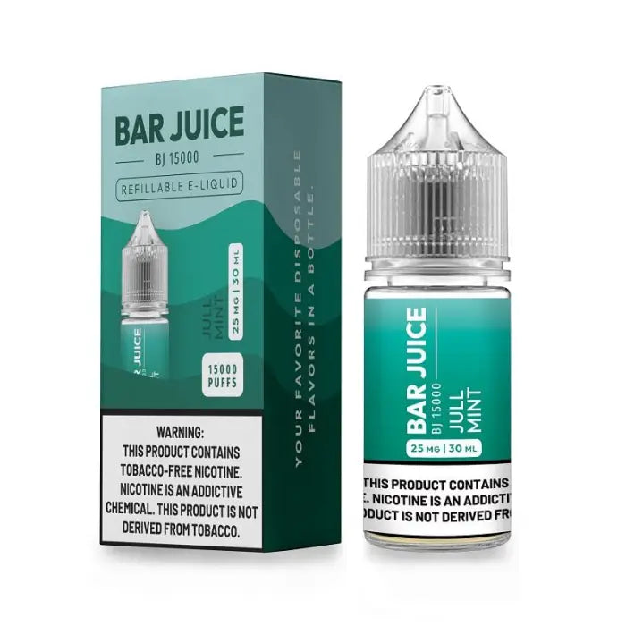 E-liquid bottle and packaging for ’Bar Juice’ vape juice in mint flavor.