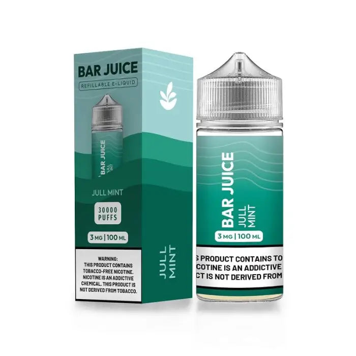 Bottle of ’Bar Juice’ e-liquid in Jull Mint flavor with its packaging box.