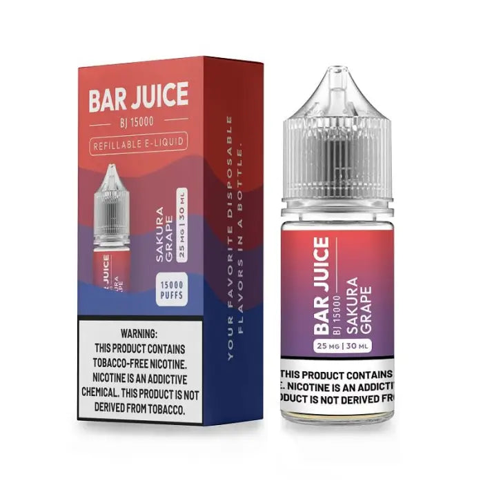 E-liquid bottle and packaging for ’Bar Juice’ vape juice in the flavor ’Sakura Grape’.