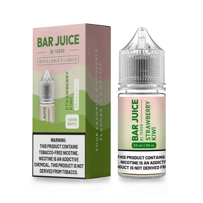 E-liquid bottle and packaging for ’Bar Juice’ strawberry kiwi flavor vape juice.