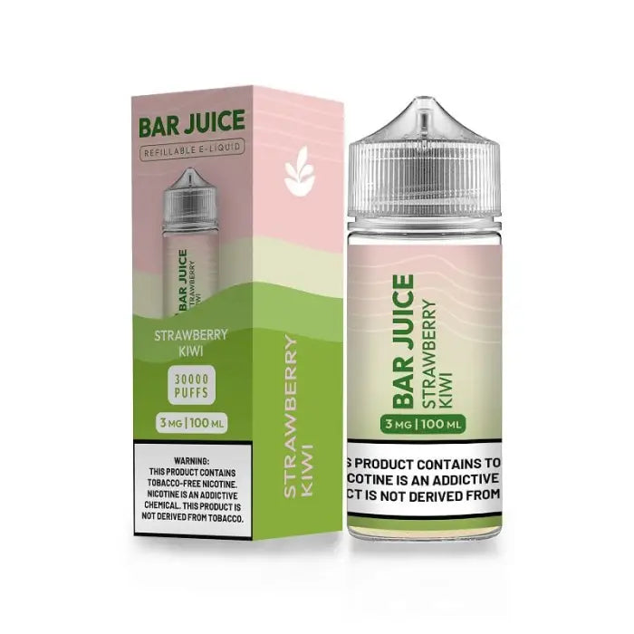 Bottle of strawberry kiwi flavored e-liquid or vape juice with its packaging box.