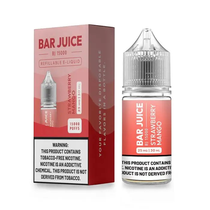 E-liquid bottle and packaging for ’Bar Juice’ strawberry mango flavor vape juice.