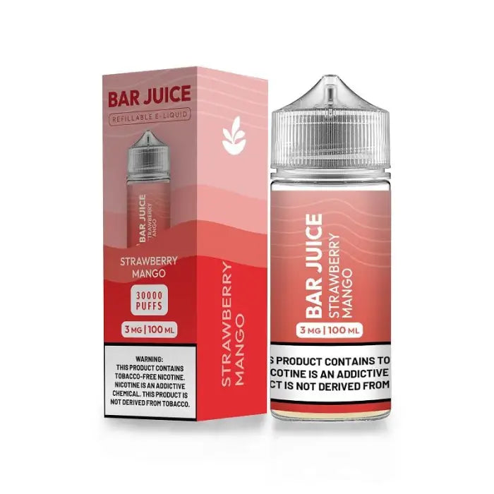 Bottle of strawberry mango flavored e-liquid or vape juice with its packaging.