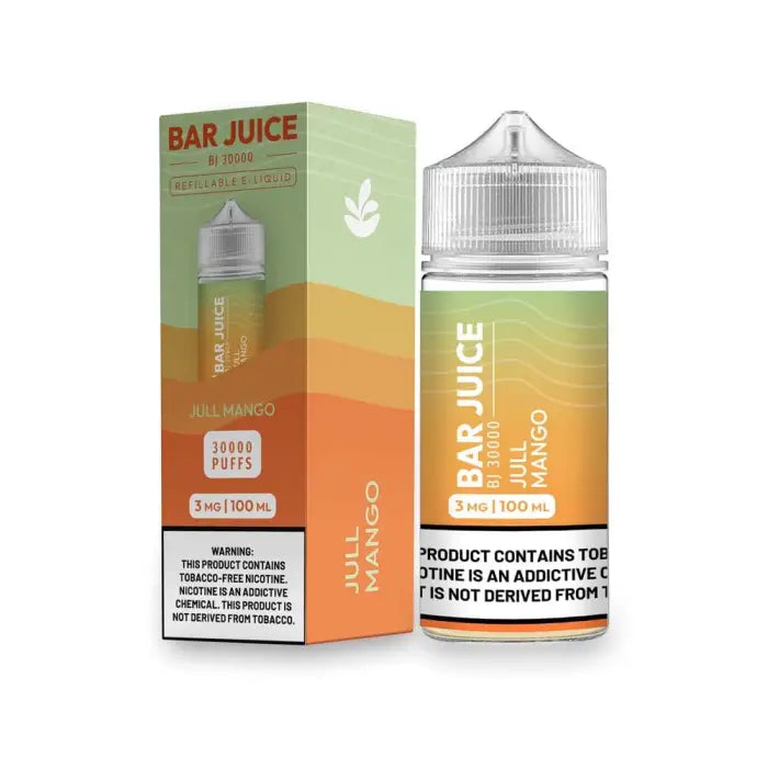 E-liquid bottle and packaging for ’Bar Juice’ in mango flavor.