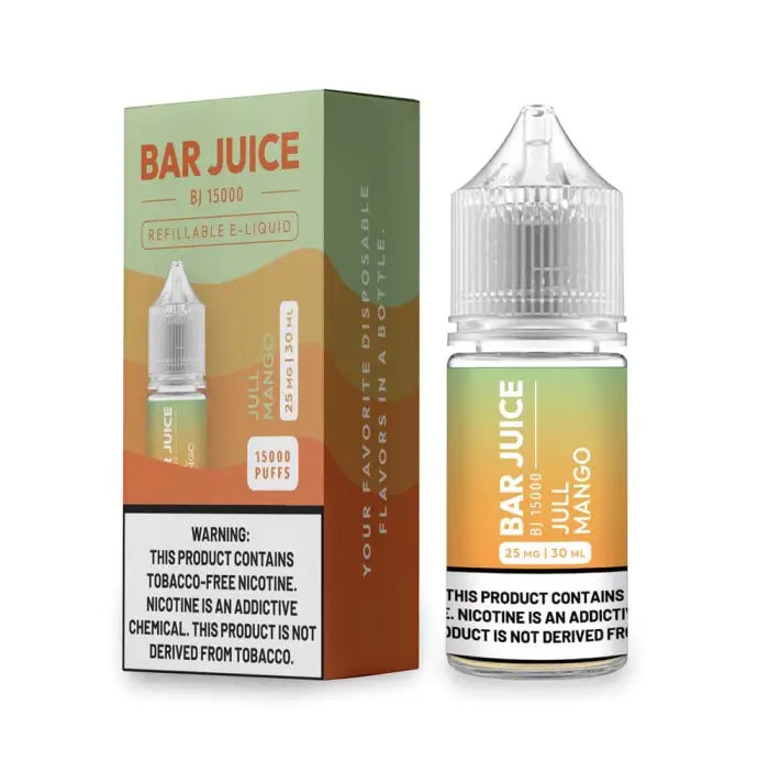 E-liquid bottle and packaging for ’Bar Juice’ mango-flavored vape juice.