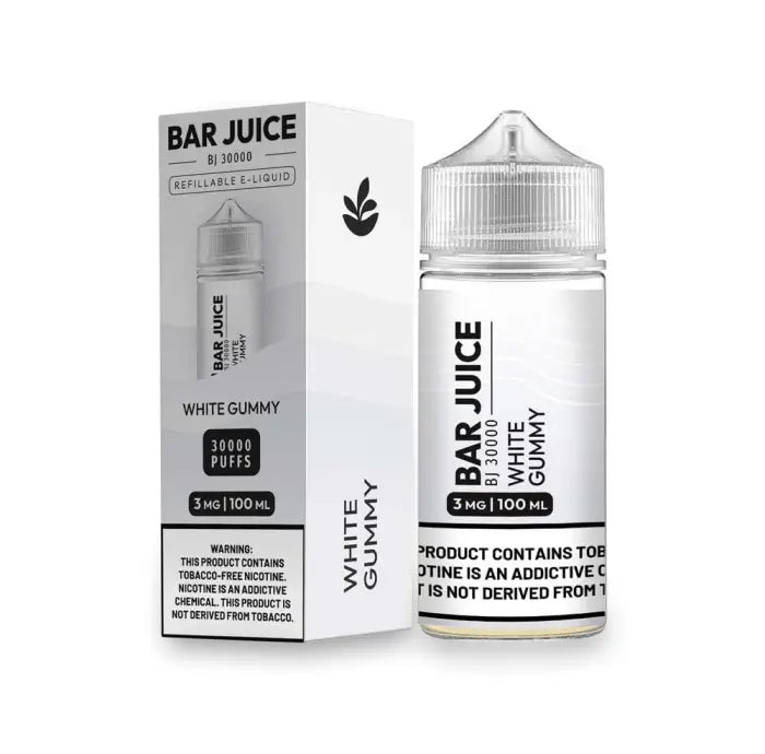 Bottle of ’Bar Juice’ e-liquid in White Gummy flavor with its packaging.