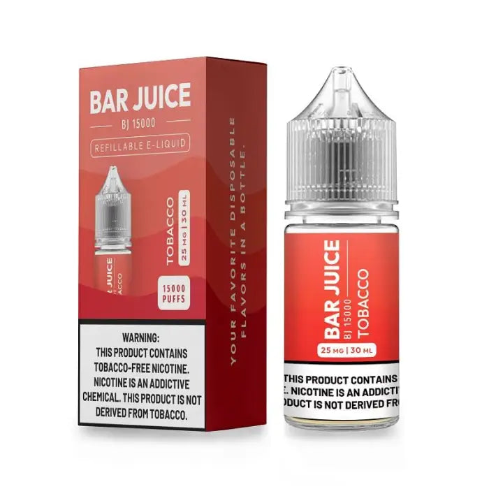 E-liquid bottle and packaging for ’Bar Juice’ tobacco-flavored vape juice.