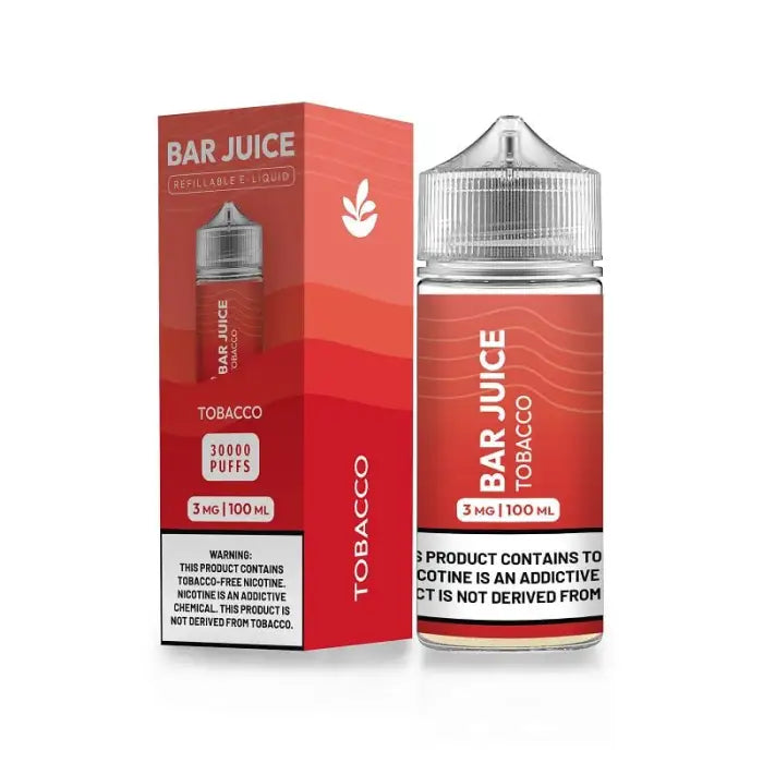 E-liquid bottle and packaging for ’Bar Juice’ tobacco-flavored vape juice.