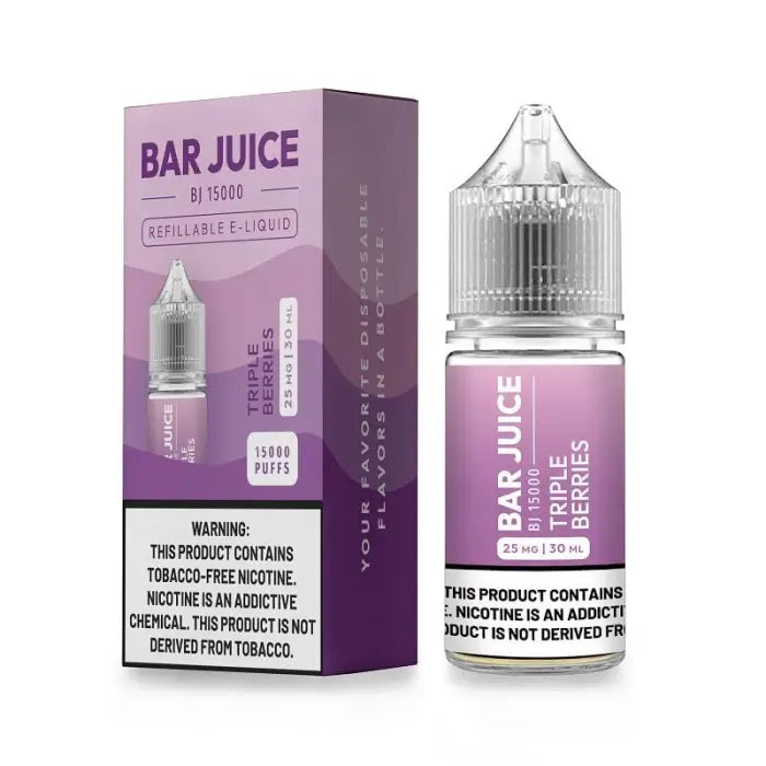 E-liquid bottle and packaging for ’Bar Juice’ vape juice in purple and white colors.