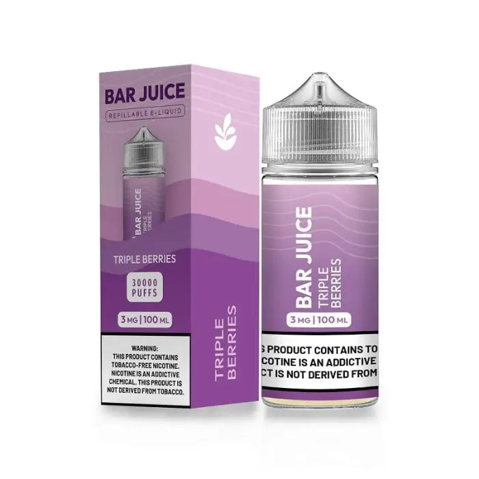 Purple e-liquid bottle labeled ’Bar Juice Triple Berries’ with its packaging box.