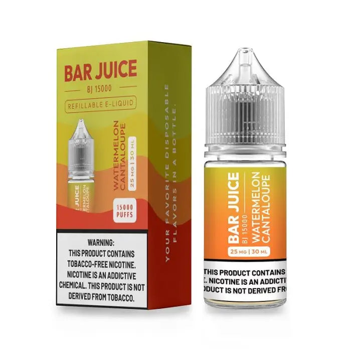 E-liquid bottle and packaging for ’Bar Juice’ watermelon cantaloupe flavor vape juice.