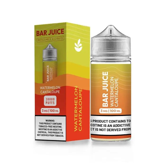 Bottle of ’Bar Juice’ watermelon cantaloupe flavored e-liquid with its packaging box.