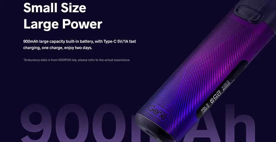 Cylindrical purple Voopoo V.thru Pro 25w Pod Kit with 9000mAh battery design.