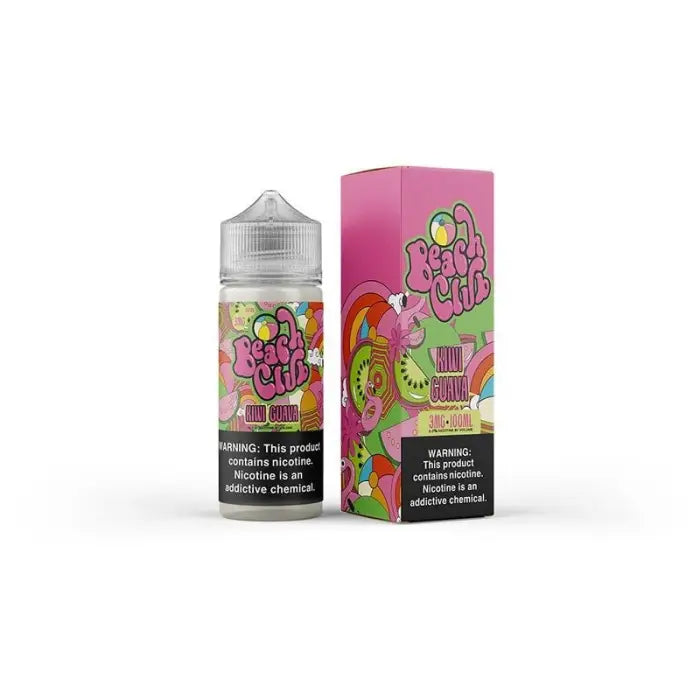 Bottle of e-liquid or vape juice with colorful packaging featuring fruit designs.