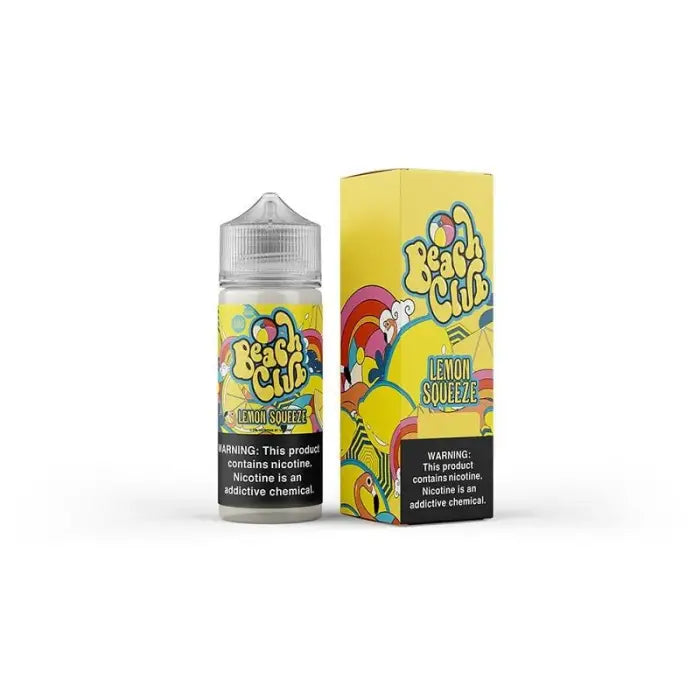 Colorful e-liquid bottle and packaging for a vape juice product called ’Peachy Pear.’