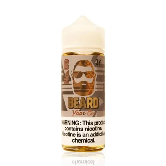 Bottle of e-liquid or vape juice labeled ’Beard Vape Co.’ with a stylized bearded face logo.