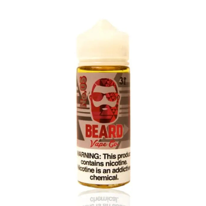 Bottle of ’Beard’ vape juice with a stylized bearded face logo on the label.