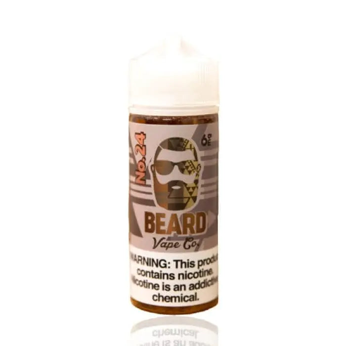 Bottle of ’Beard’ brand vape juice with a stylized bearded face logo on the label.