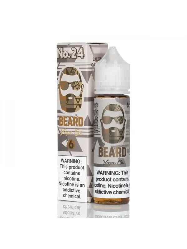 E-liquid bottle with packaging featuring a bearded face graphic and ’No. 24 Beard’ branding.