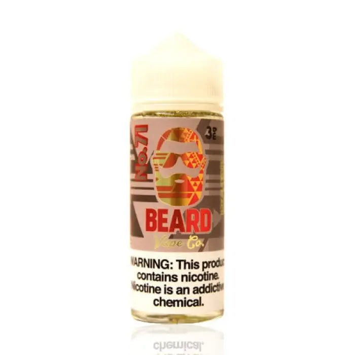 Bottle of e-liquid or vape juice labeled ’Beard’ with a warning about nicotine content.