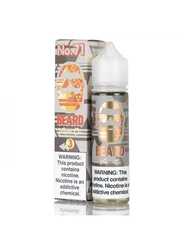 E-liquid bottle with colorful packaging labeled ’Beard’ and warning labels.