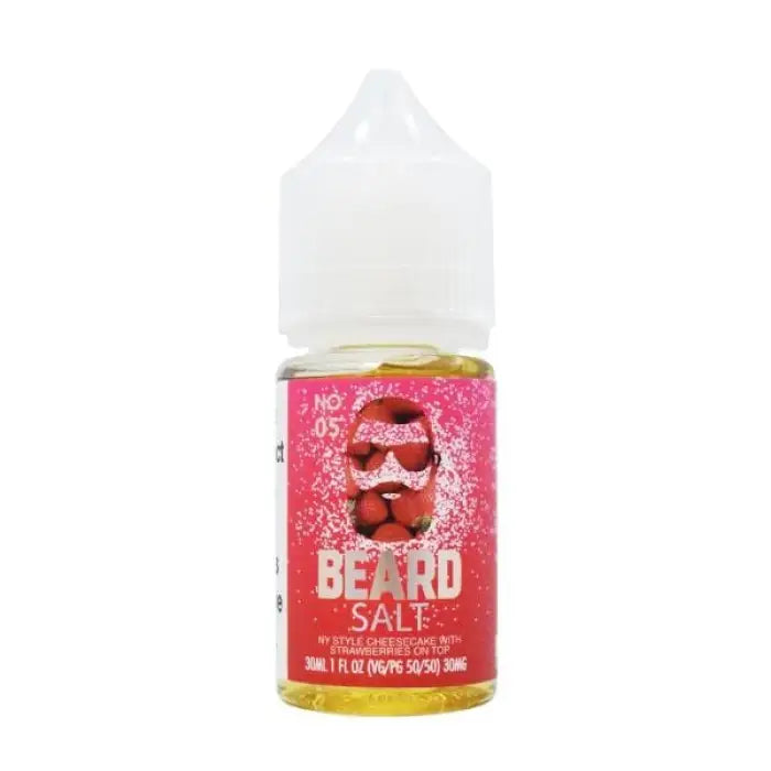 Bottle of ’Beard’ salt nicotine e-liquid with a cartoon bearded face on the label.