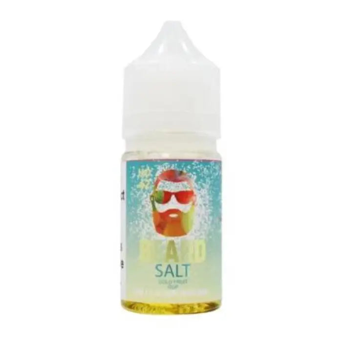 Bottle of e-liquid or vape juice with a colorful label featuring a cartoon face wearing sunglasses and a Santa hat.