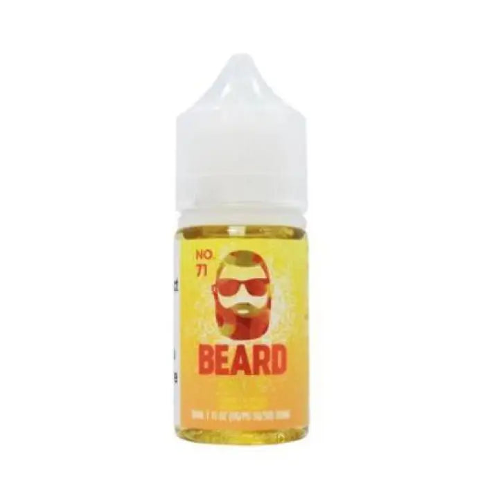 Bottle of ’Beard’ brand vape juice with a cartoon bearded face logo.